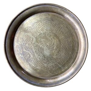 Vintage Brass Tray Etched Home Decor Patina 10.5”D